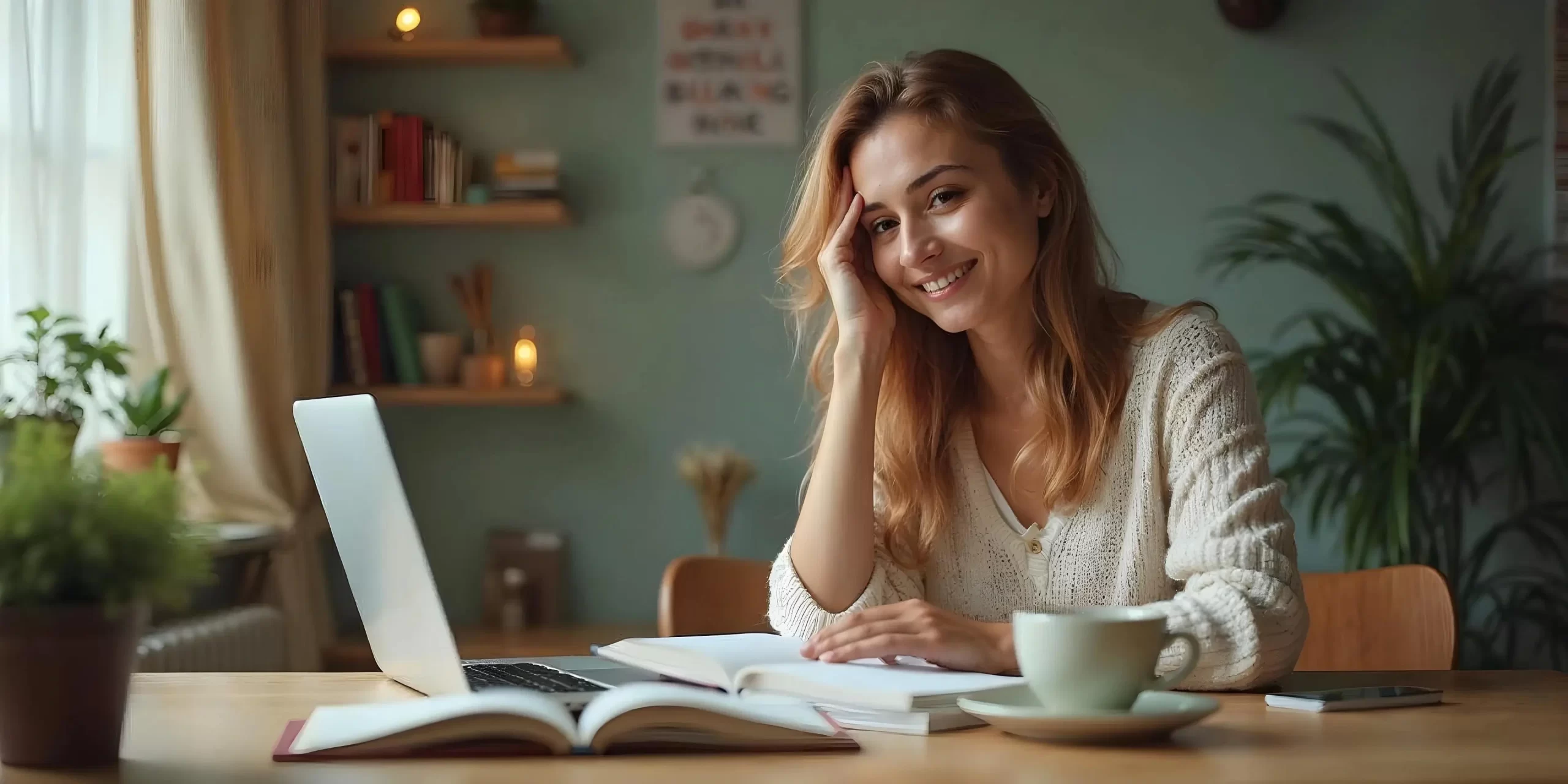 Estudiante aprendiendo inglés con recursos gratuitos: laptop, cuaderno y material de estudio