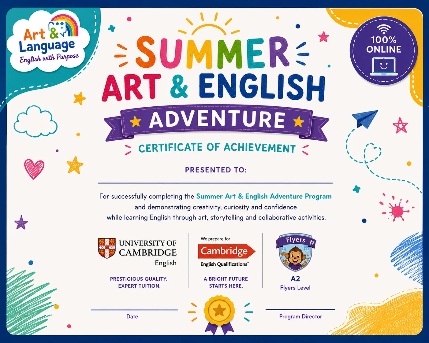 Entrega de certificado del curso de verano de inglés online para niños.