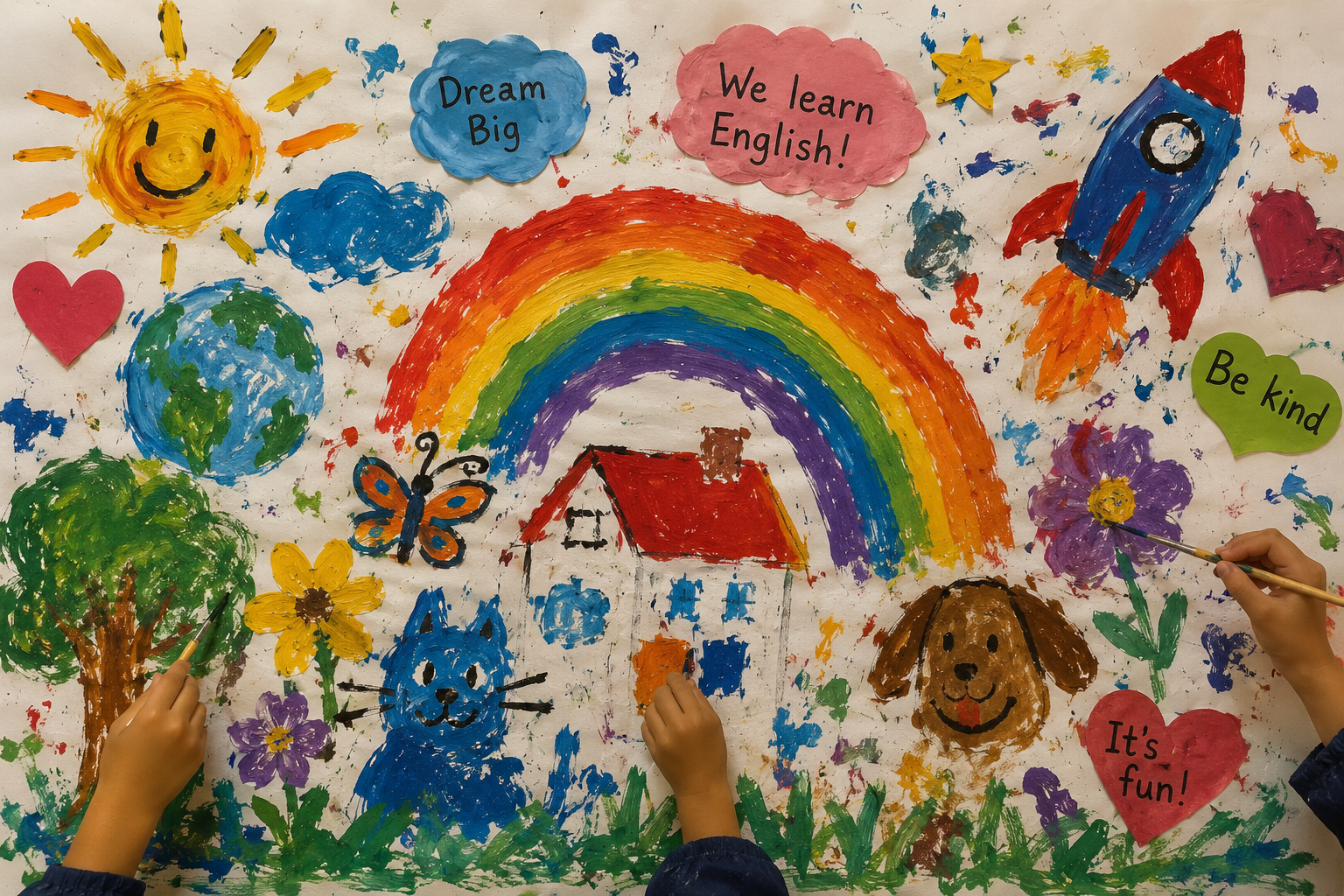 Mural colaborativo creado por estudiantes durante clases de inglés online.