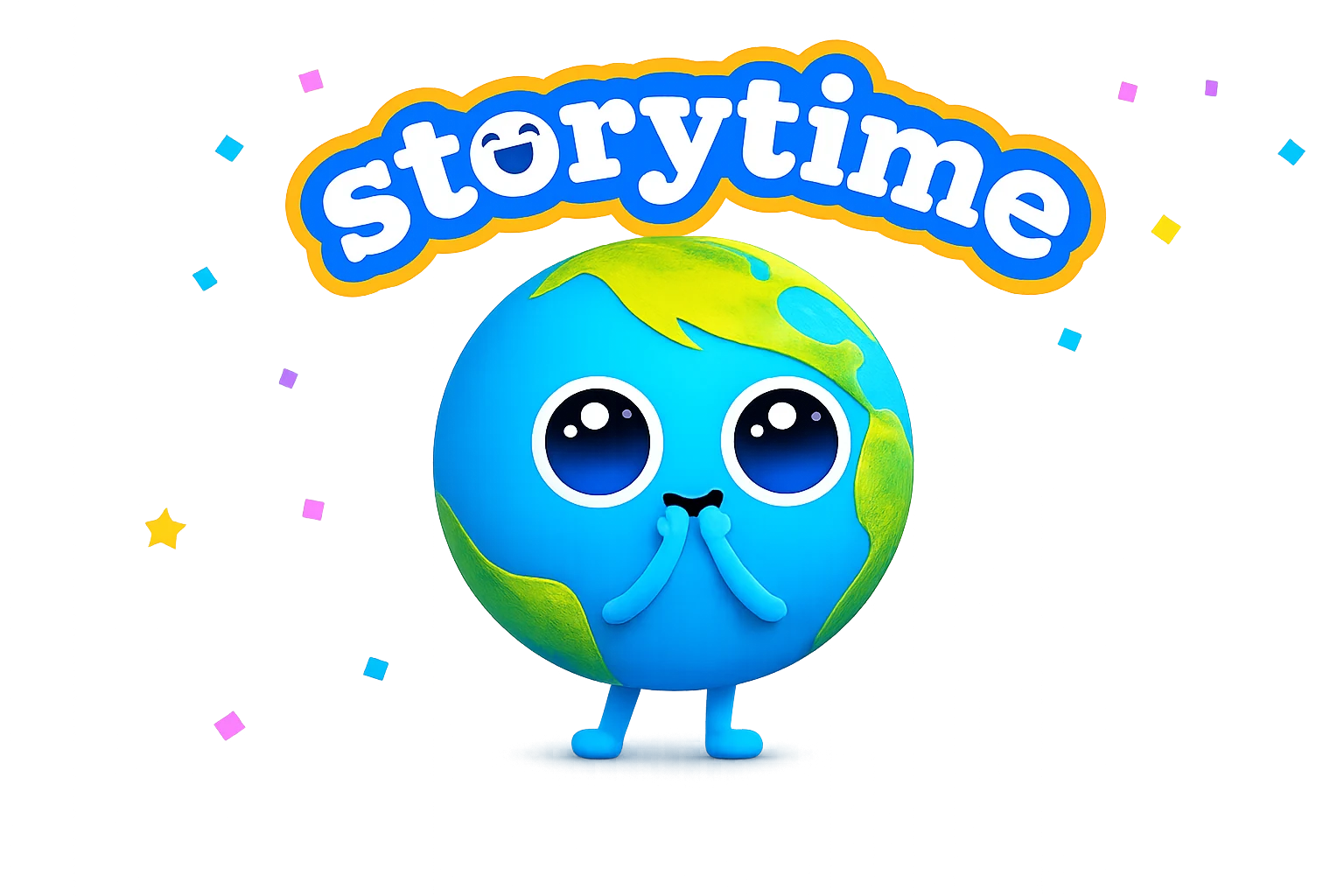 Personaje 3D de globo terráqueo sonriente representando el aprendizaje de inglés con cuentos animados
